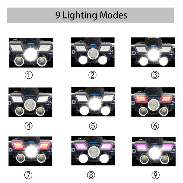 Bright Rechargeable Headlamp with 9 Modes for Outdoor Adventures