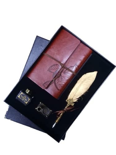 Handcrafted Vintage Feather Pen Set with Nib Holder & Ink Bottle