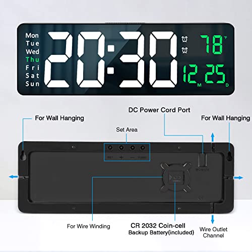 Large Digital Wall Clock with Remote Control - LED Display & Temperature