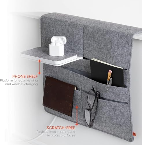 Wireless Qi-Charging Bed Caddy with Phone Shelf & Storage Pockets