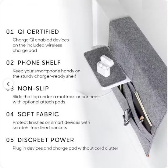 Wireless Qi-Charging Bed Caddy with Phone Shelf & Storage Pockets