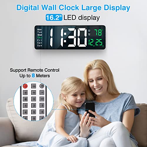 Large Digital Wall Clock with Remote Control - LED Display & Temperature