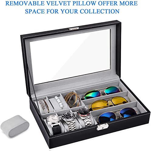 Elegant Leather Watch & Sunglass Organizer with Velvet Interior