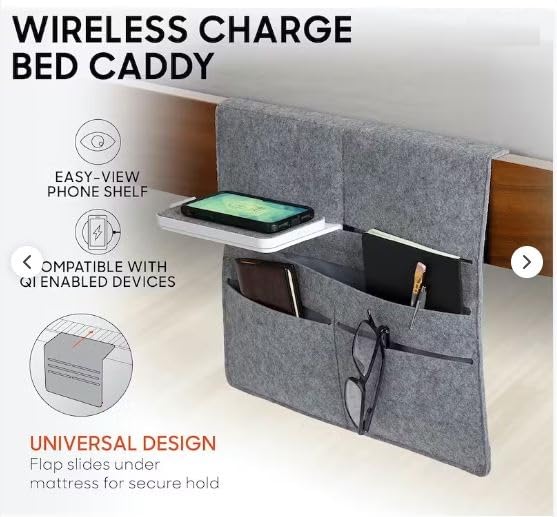 Wireless Qi-Charging Bed Caddy with Phone Shelf & Storage Pockets