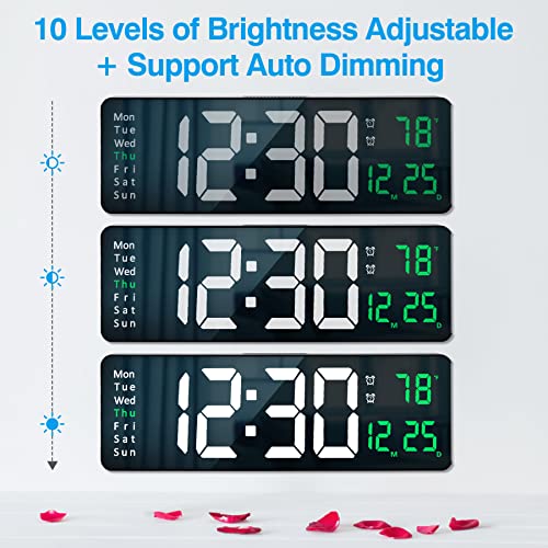 Large Digital Wall Clock with Remote Control - LED Display & Temperature