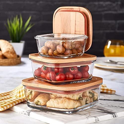 Square glass storage containers | airtight wooden lids for kitchen use ...