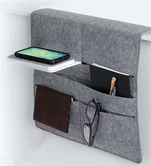 Wireless Qi-Charging Bed Caddy with Phone Shelf & Storage Pockets