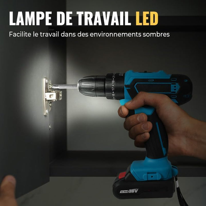 Powerful 28V Cordless Drill with Accessories and Dual Batteries