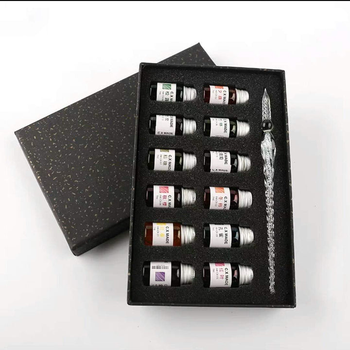 Handcrafted Vintage Feather Pen Set with Nib Holder & Ink Bottle