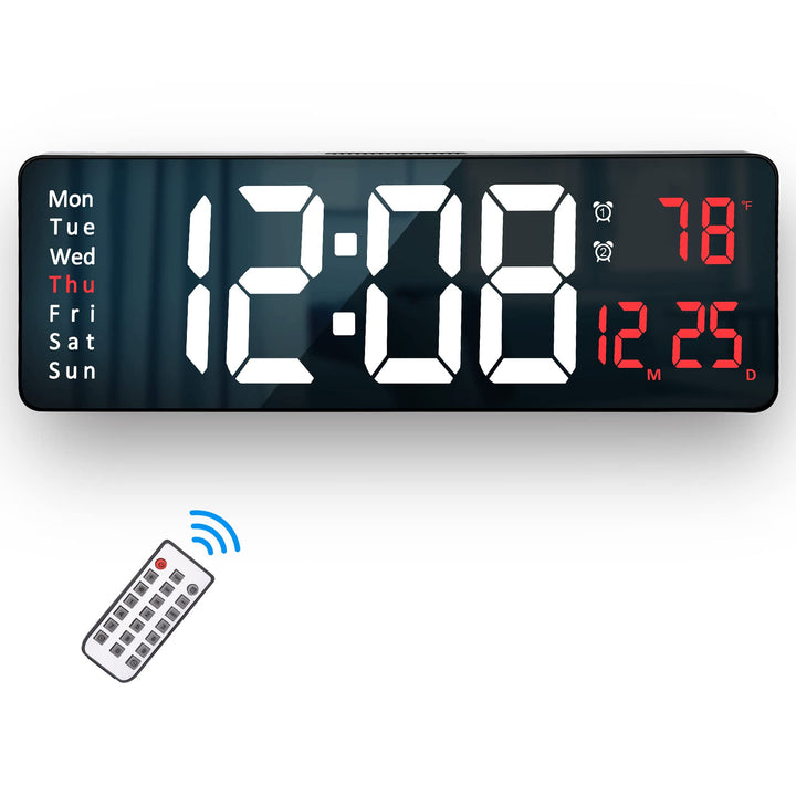 Large Digital Wall Clock with Remote Control - LED Display & Temperature