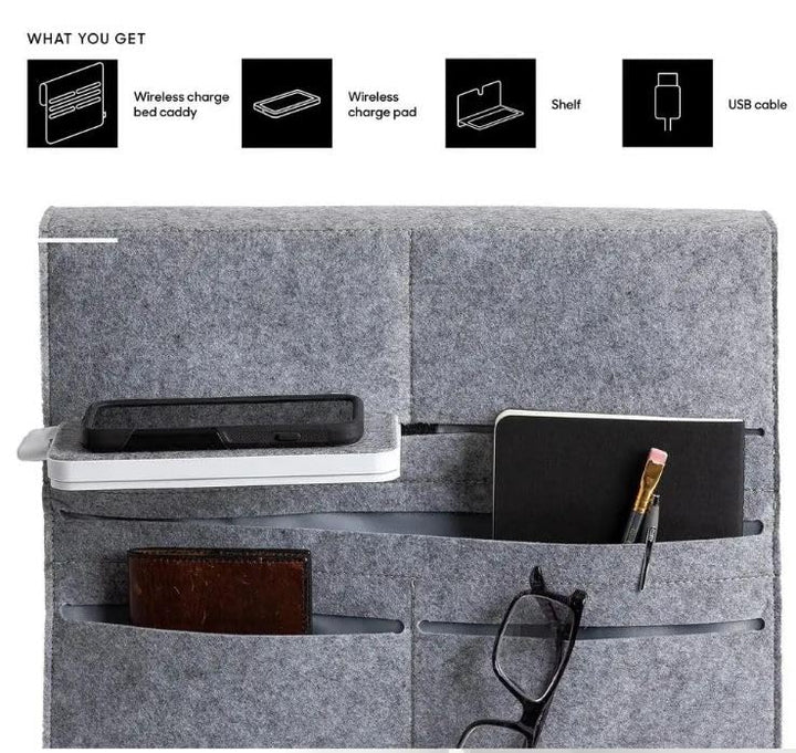 Wireless Qi-Charging Bed Caddy with Phone Shelf & Storage Pockets