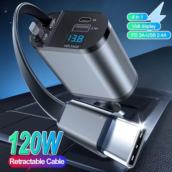 ChargePro™ Max | 4-in-1 Retractable Car Charger | 120W Super Fast Charging for iPhone & Android