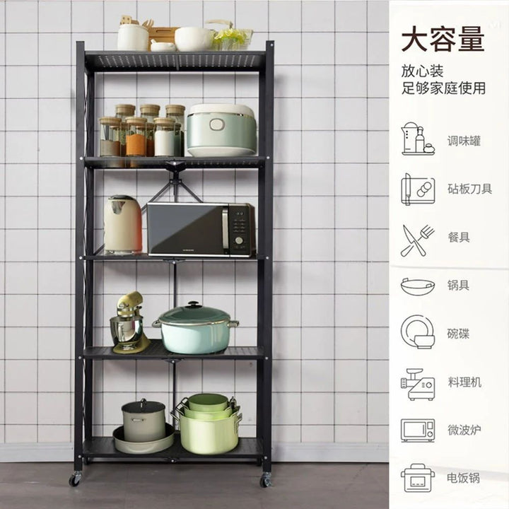Versatile Foldable Multi-Layer Steel Kitchen Shelf with Wheels