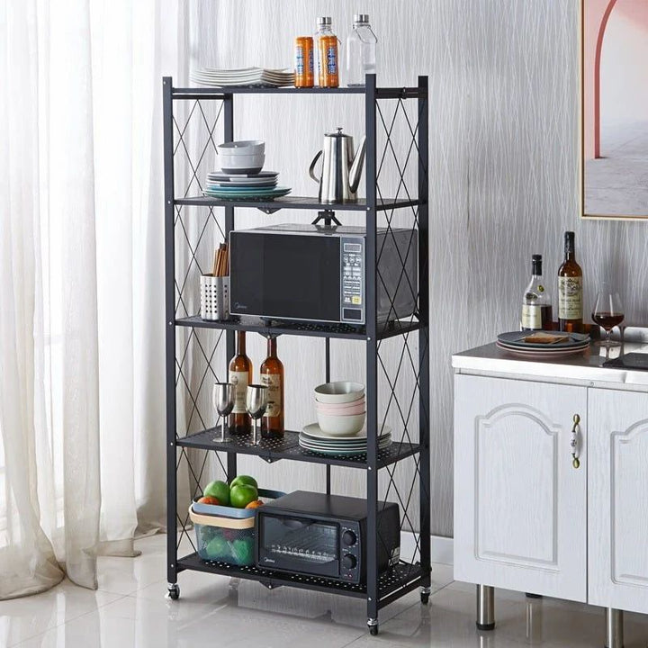 Versatile Foldable Multi-Layer Steel Kitchen Shelf with Wheels