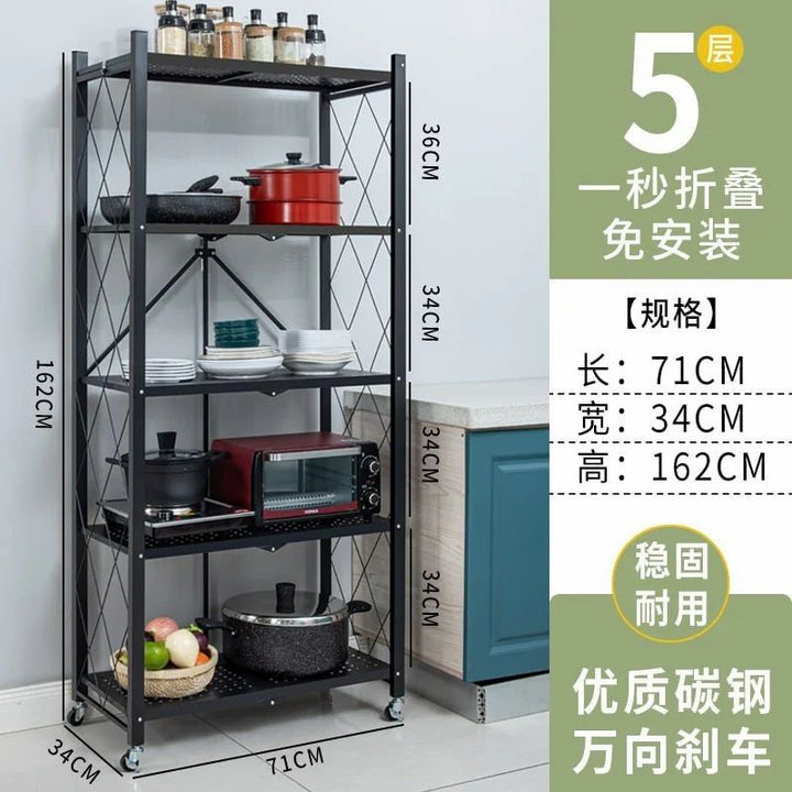Versatile Foldable Multi-Layer Steel Kitchen Shelf with Wheels
