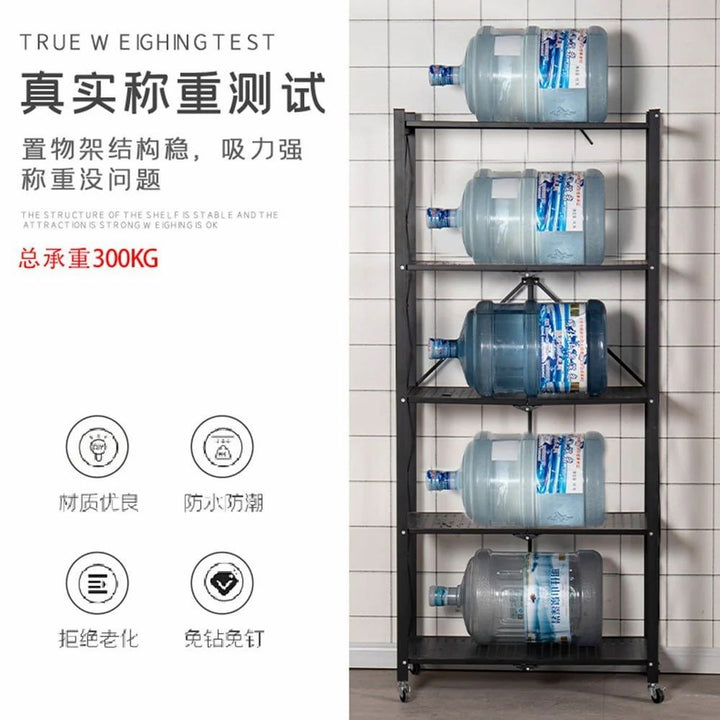 Versatile Foldable Multi-Layer Steel Kitchen Shelf with Wheels