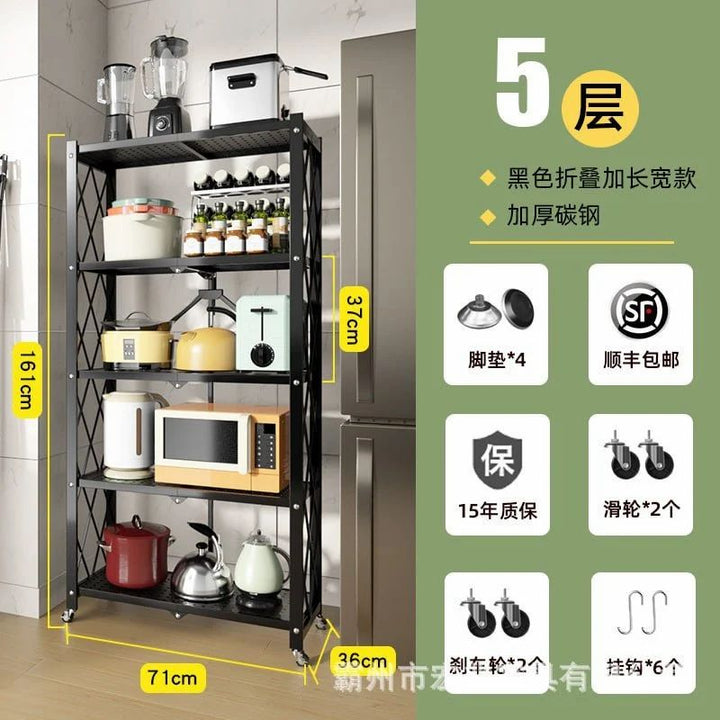 Versatile Foldable Multi-Layer Steel Kitchen Shelf with Wheels
