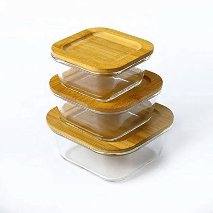 Square glass storage containers | airtight wooden lids for kitchen use ...